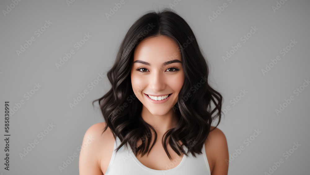 Happy confident young woman with natural skin, healthy hair and white teeth. Grey background with copy space. Generative AI Happy confident young woman with natural skin, healthy hair and white teeth. Grey background with copy space. Generative AI