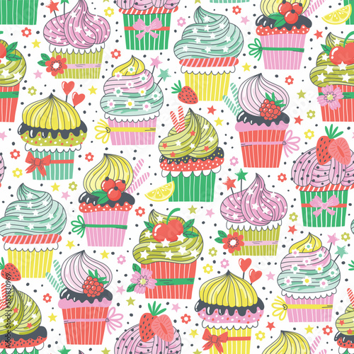 Seamless pattern with colorful cupcakes for textile design. Food decorative background in bright colors. Hand-drawn trendy vector illustration with berries  sweets and flowers.