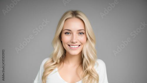 Happy confident young woan with natural skin, healthy hair and white teeth. Grey background with copy space. Generative AI