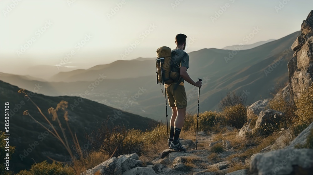 A Man hiking at mountains with backpack, summer vacations outdoors concept alone in the wild,  breathtaking landscape,  AI generated