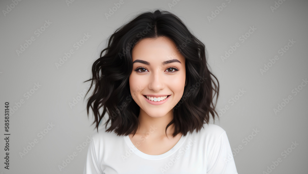 Portrait of young beautiful woman with darkhairstyle and white top. Cleavage. Model studio shot. Copy space. Generative AI Portrait of young beautiful woman with darkhairstyle and white top. Cleavage. Model studio shot. Copy space. Generative AI