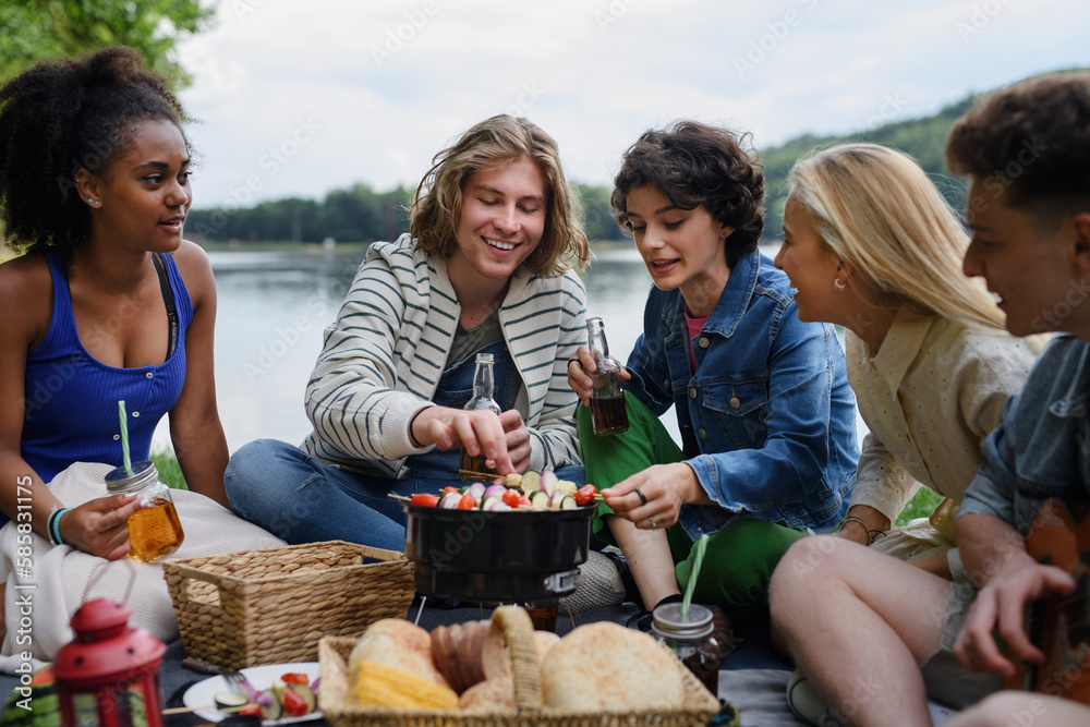 Group of multiracial young friends camping near lake and and having barbecue together.