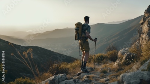 A Man hiking at mountains with backpack, summer vacations outdoors concept alone in the wild, breathtaking landscape, AI generated