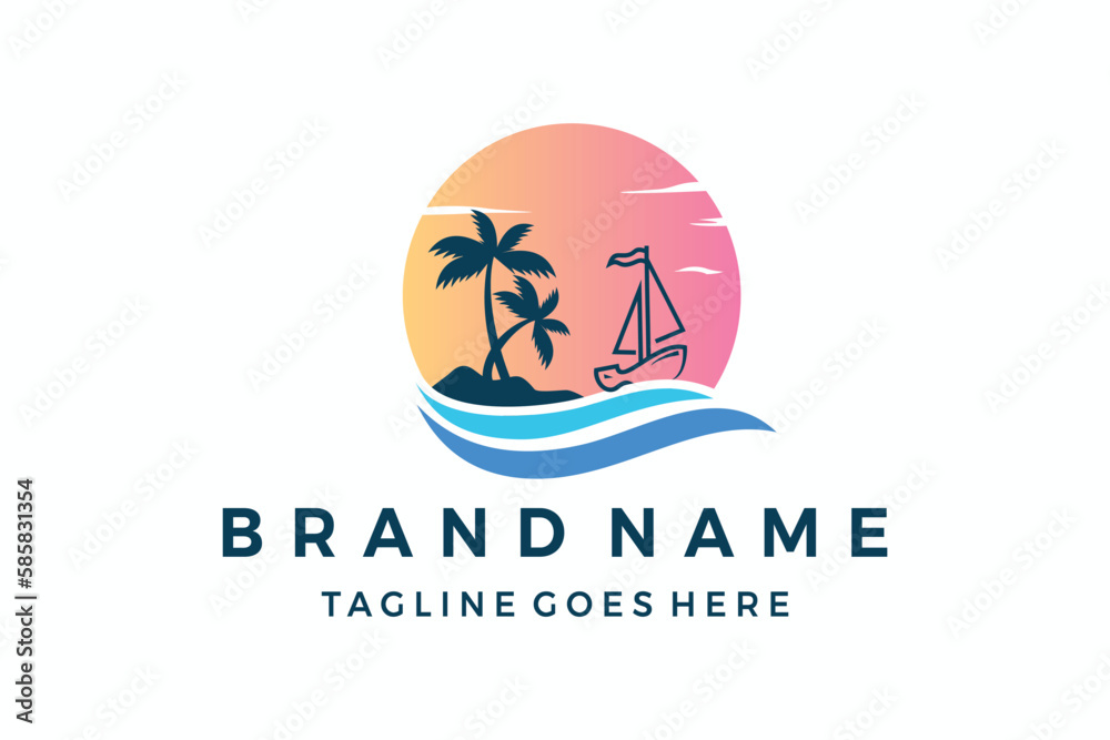 ship beach logo design sunset palm tree coconut tree vector template ship beach logo design sunset palm tree coconut tree vector template