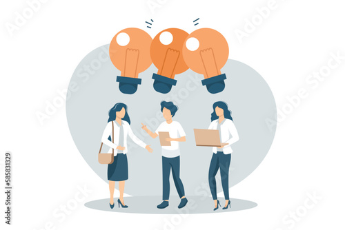 Businessmen people office workers team up share lightbulb lamp idea. Sharing business ideas, collaboration meeting, sharing knowledge, teamwork or people thinking the same idea, smart thinking.	
