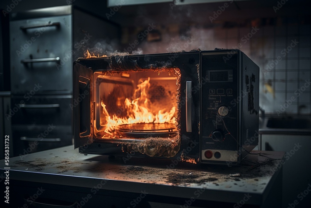 microwave oven on fire. the concept of fire in the kitchen and