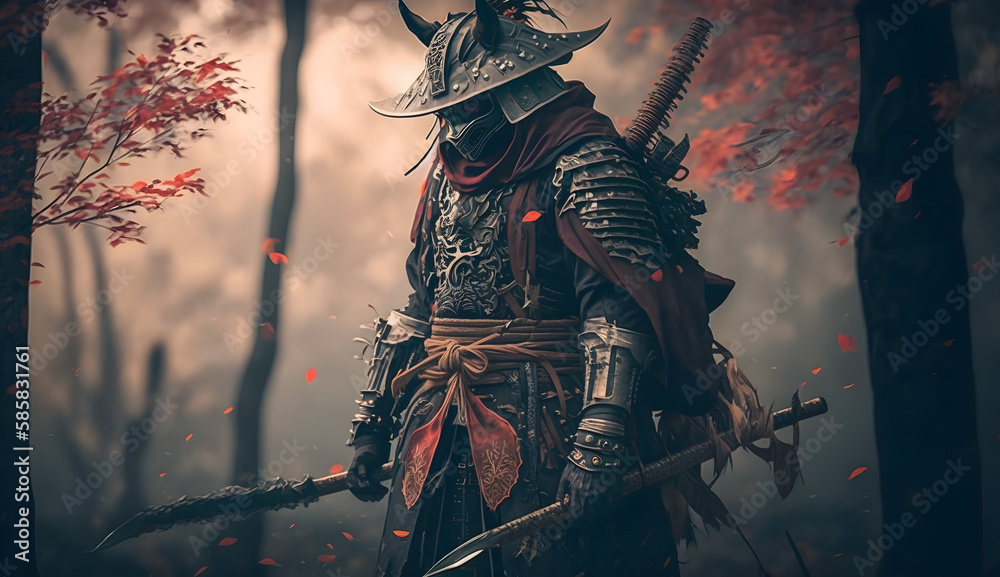 A lone samurai warrior meditates in a peaceful garden-AI Generative A lone samurai warrior meditates in a peaceful garden-AI Generative