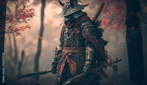  A lone samurai warrior meditates in a peaceful garden-AI Generative 