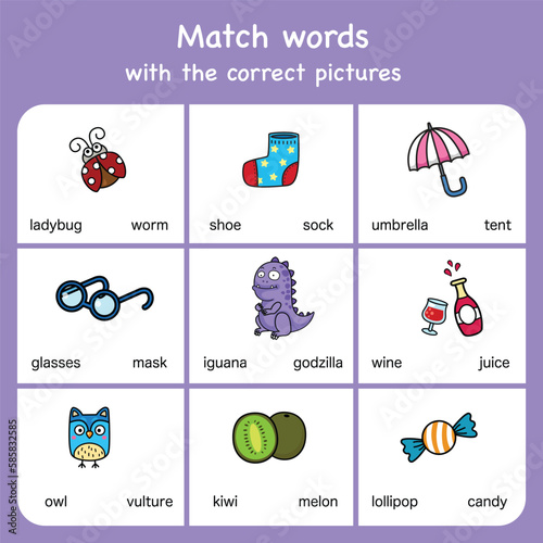 match words with pictures. Educational worksheet for preschool