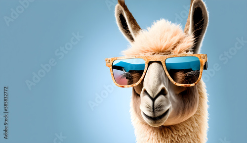 funny lama portrait wearing sunglasses,summertime concept -AI Generative 