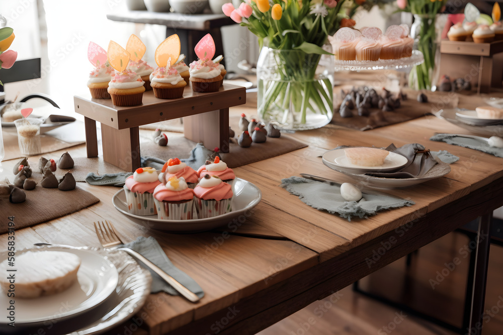 a wooden table topped with plates and cupcakes