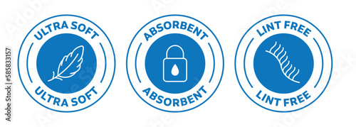 Icon set of Ultra soft, Absorbent, and Lint free. Rounded outlined vector icons in blue color. photo