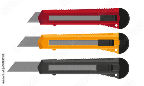 Knife stroitelny, clerical yellow, gray, red. For cutting paper, boxes, stationery logo design. Stationery knife isolated on white background vector design and illustration.