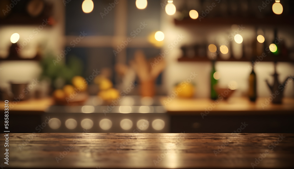 empty wooden table with empty space of a cuisine with bokeh background-AI Generative 
