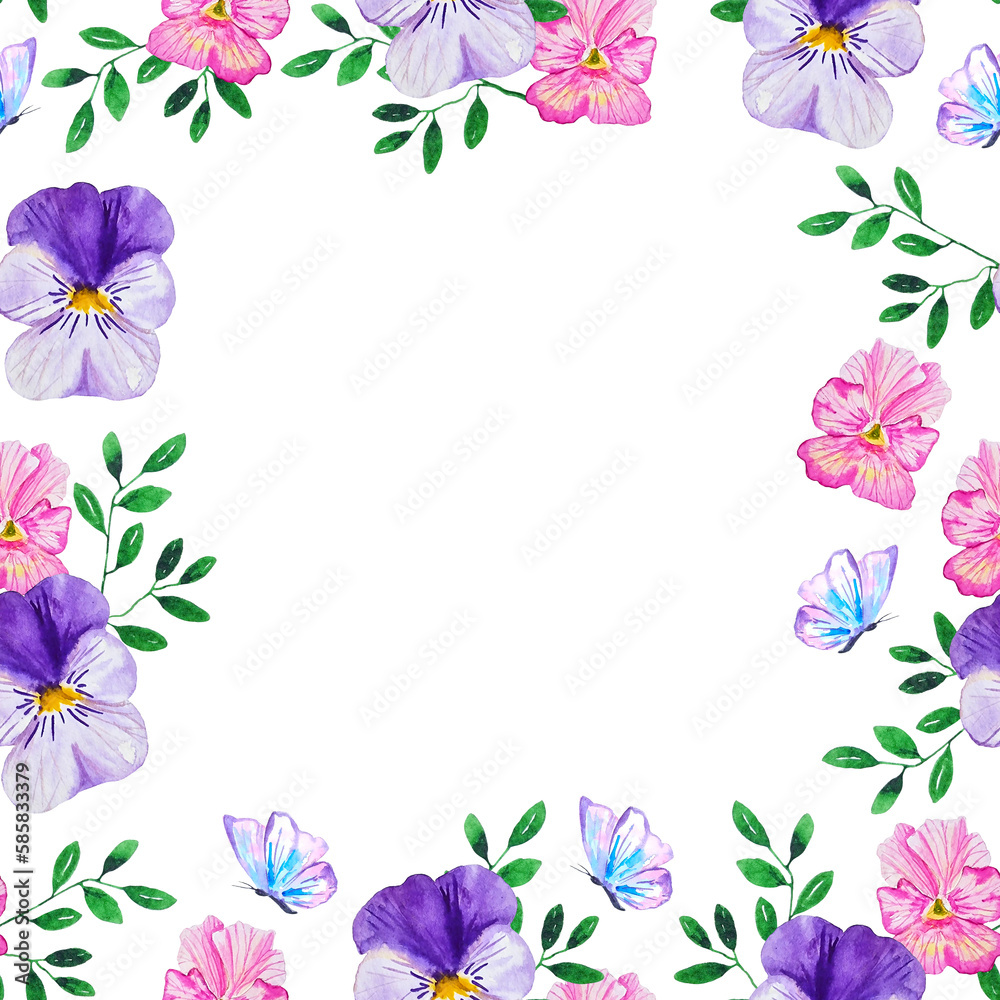 Watercolor invitation frame with flowers pink and purple pansy