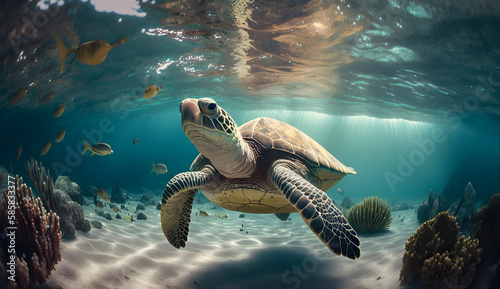green sea turtle sweaming underwater -AI Generative 