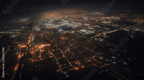 Night view of a city from an airplane window, generative ai