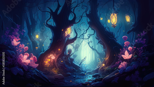Fantasy forest at night with glowing lights, fairy tale. Generative AI