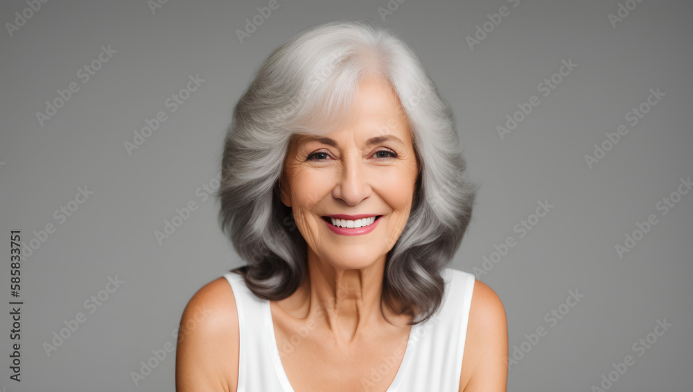 Young mature senior smiling woman portrait with grey hair and white top. Isolated on grey background. Copy space. Generative AI Young mature senior smiling woman portrait with grey hair and white top. Isolated on grey background. Copy space. Generative AI