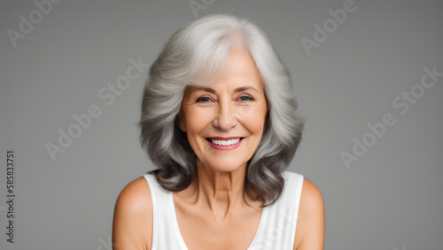 Young mature senior smiling woman portrait with grey hair and white top. Isolated on grey background. Copy space. Generative AI