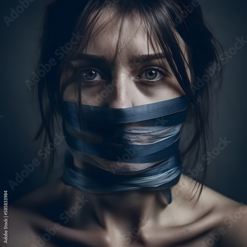 Female victim of domestic violence with mouth taped over. Generative AI
