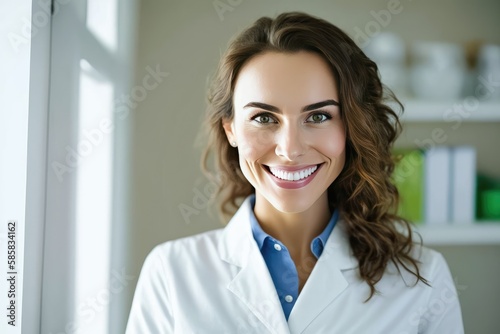 Portrait of beautiful smart doctor woman in a white medical coat in hospital, AI generated