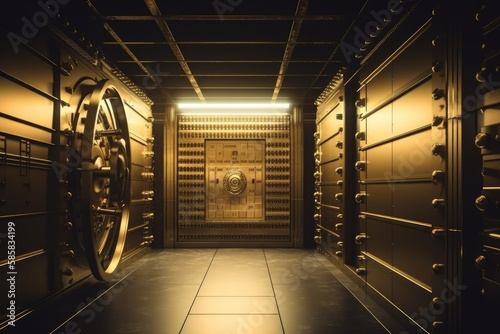 Bank vault with open door, revealing stacks of gold bars inside. Federal Reserve Bank storage with golden walls and dollar/euro bills. Concept of wealth and financial security