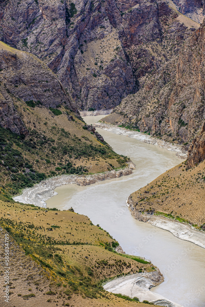 Kuokesu Grand Canyon natural landscape in Xinjiang, China. The curved river flows from here.