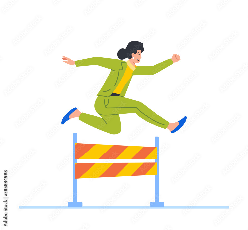 Business Woman Character Running Obstacle Race Jumping over Barrier. Leader Businesswoman Compete for Leadership
