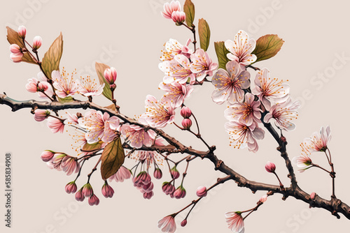 Watercolor painting of cherry blossom flowers on a white background, AI generated