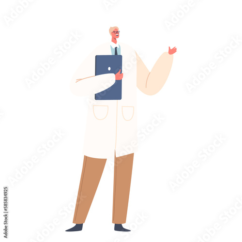 Doctor Man Wear White Medic Robe And Trousers Speaking And Gesturing With Clipboard In Hand During Medical Report