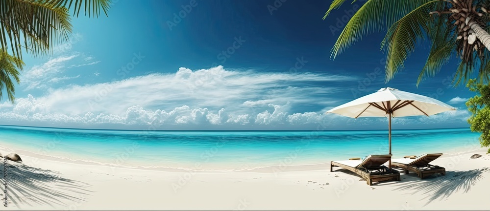Naklejka premium tropical beach banner. White sand and coco palms travel tourism wide panorama background concept. Amazing beach landscape by ai generative