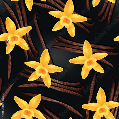 Seamless pattern with vanilla pods and flowers