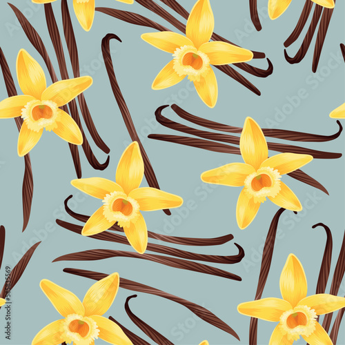 Seamless pattern with vanilla pods and flowers