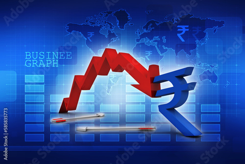 3D rendering deflation arrow with symbol of rupee
