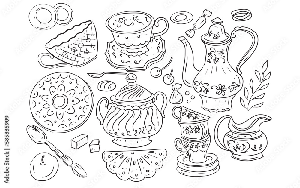 Set crockery cups spoons teapots tea party coffee service graphic illustration hand drawn set isolated on white background