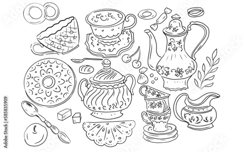 Set crockery cups spoons teapots tea party coffee service graphic illustration hand drawn set isolated on white background