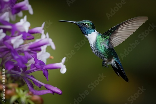 White-necked Jacobin Hummingbird in Mid-Air, Generative Ai photo