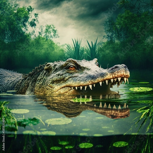 Submerged and Dangerous Crocodile Lurking Below the Water's Edge Generated by AI © Rodrigo