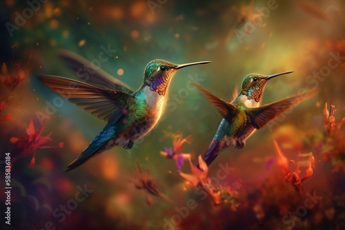 Graceful Hummingbirds in Mid-Flight Feeding on Vivid Flowers by Generative AI