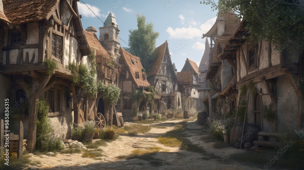 Fototapeta premium An illustration of the small medieval fantasy village. Medieval Fantasy