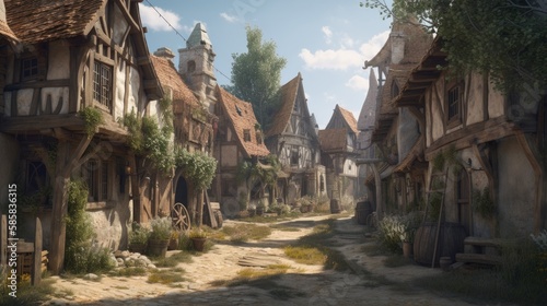 An illustration of the small medieval fantasy village. Medieval Fantasy photo