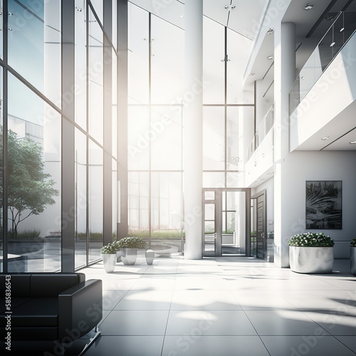 In the backdrop of a hotel or office building lobby, there is a fuzzy inner view of the reception area, a contemporary luxury white room, and a building glass wall window. Generative Ai.