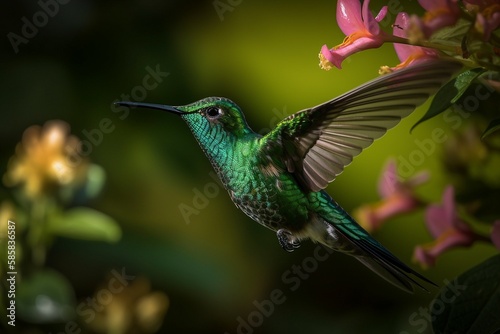 Brilliant Andean Emerald Hovering Mid-Air with Reflective Green Feathers by Generative AI
