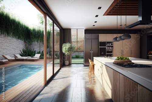 Interior design of a kitchen in a modern house with an open terrace and swimming pool. Generative Ai. © AT