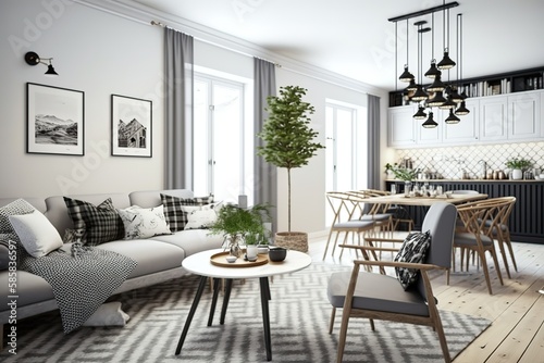 Interior design of modern scandinavian apartment, living room and dining room. Generative Ai.