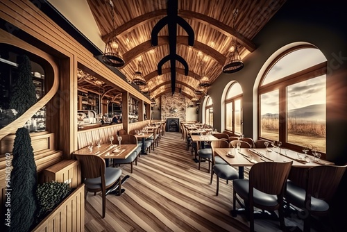 Interior of restaurant. Panorama. Wooden design. Generative Ai. © AT