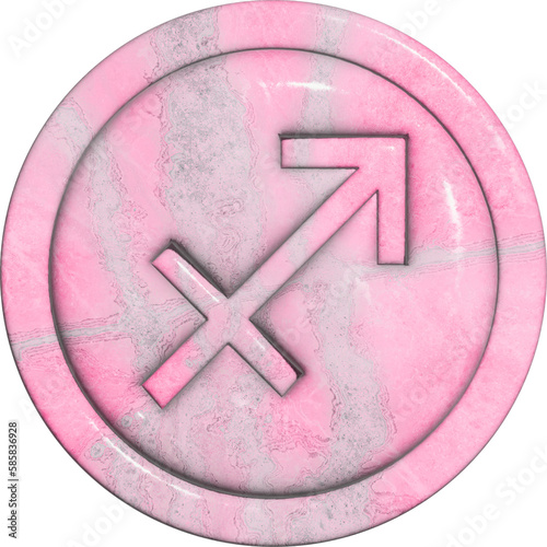 Sagittarius. Three-dimensional button in the form of a coin with a zodiac sign. Round disc with border of pink shiny marble. 3D render. Isolate.