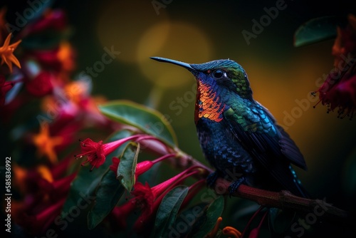 Fiery - Throated Hummingbird Among Red Flowers A Shimmering Display of Nature's Beauty Generative AI © Digital Dreamscape