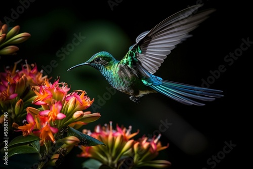 Long - tailed Sylph Hovers Near Cluster of Flowers, Generative AI © Digital Dreamscape